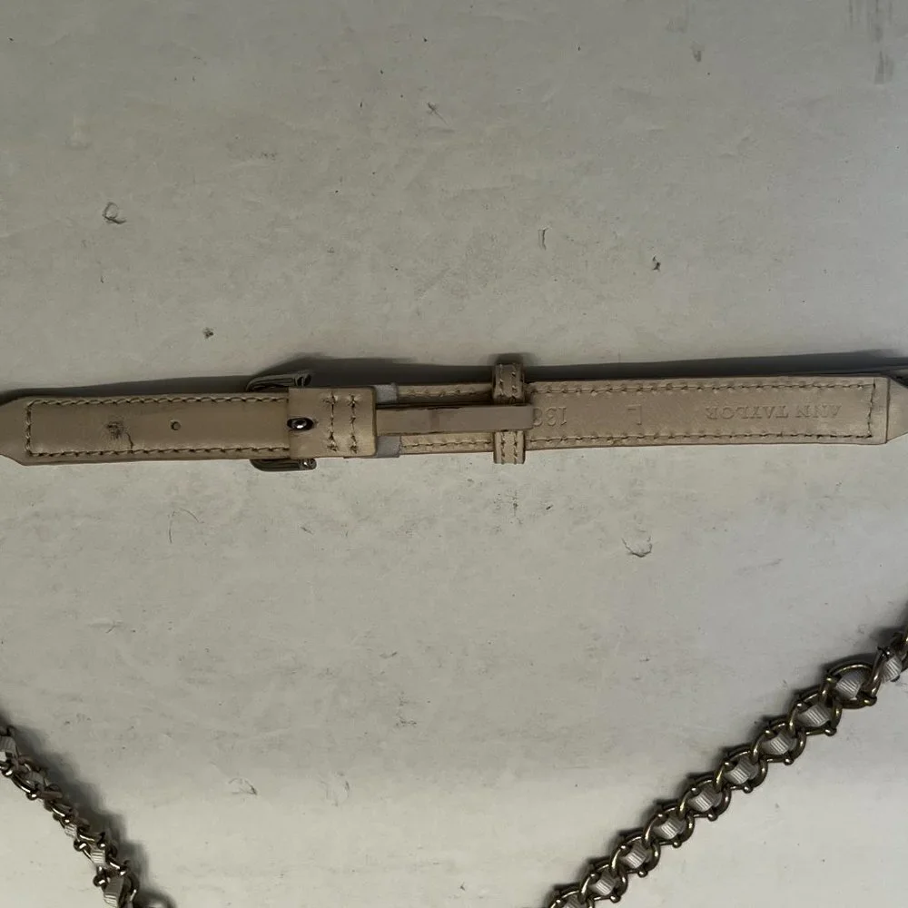 Vtg ANN TAYLOR 90s white leather Belt narrow Silver chain & Ribbon Belt Vtg‎